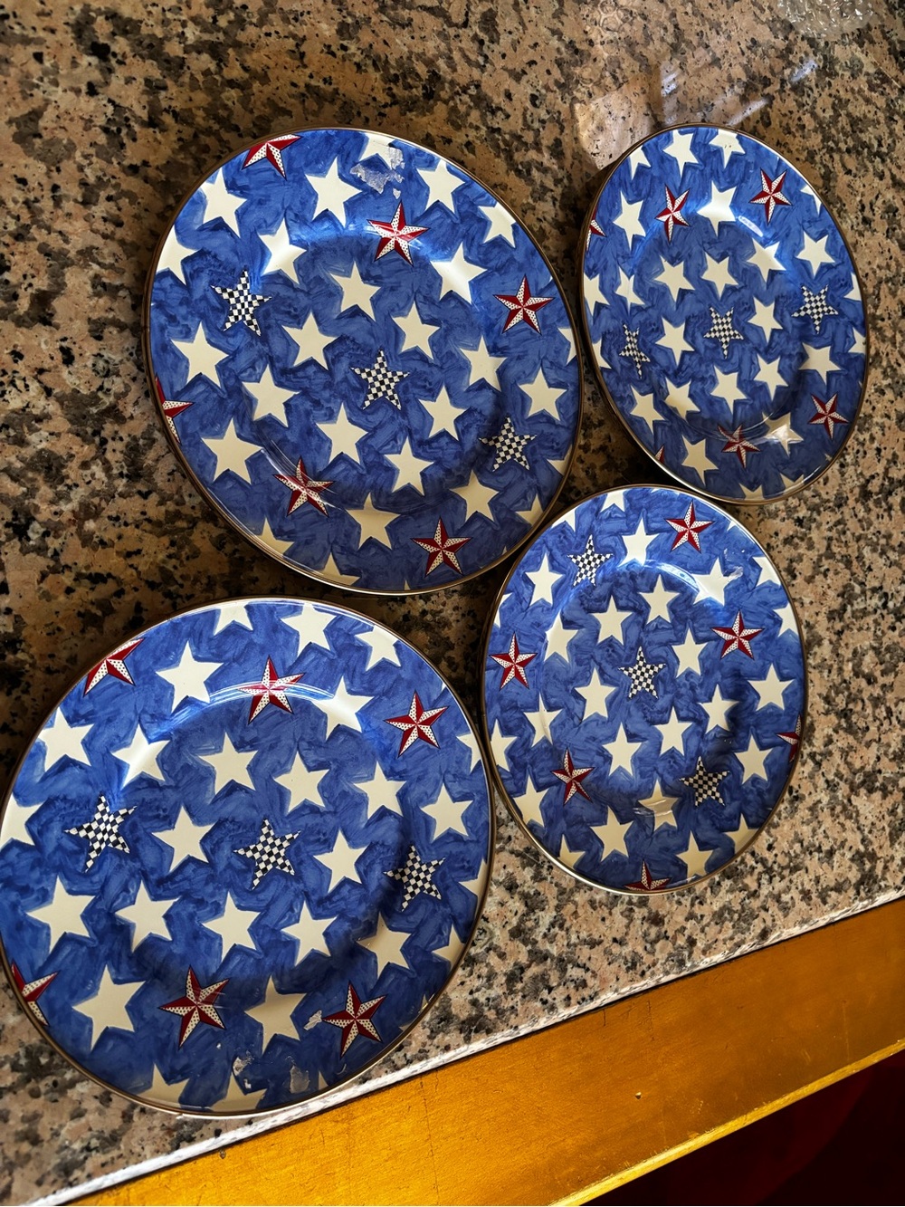 MacKenzie-Childs Blue, White & Red Star Dinner Plates 8”